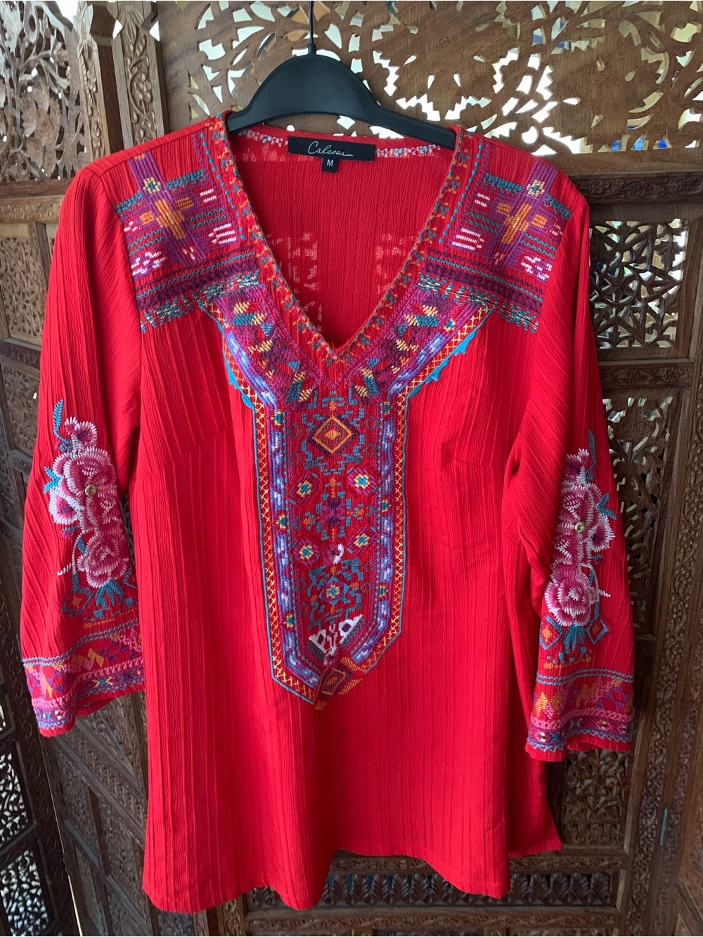 Calessa Red Embroidered V-Neck Boho Tunic Top